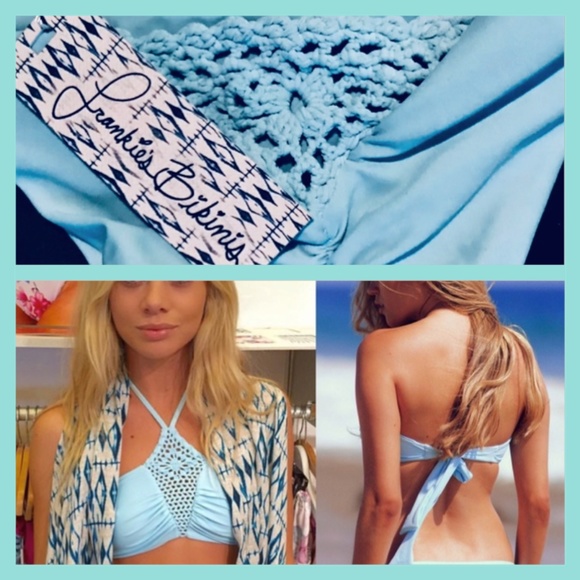 Frankies Bikinis Skimpy Ruched Crochet Two Piece Halter Brazilian Blue Harlow - Picture 4 of 10